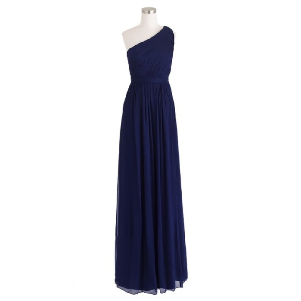 J.Crew Silk Chiffon Kylie Dress 10P $365 Navy Maxi One Shoulder Gown